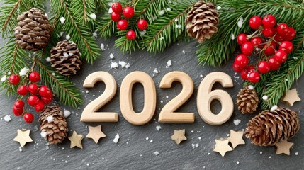 Naklejka premium Números dorados organizados en un fondo con ramas, piñas y bayas en la decoración de fin de año