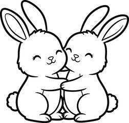Cute Rabbit Couple Embracing in Simple Line Art Style