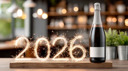 N&uacute;meros dorados brillantes 2026 y botella de champ&aacute;n en una celebraci&oacute;n