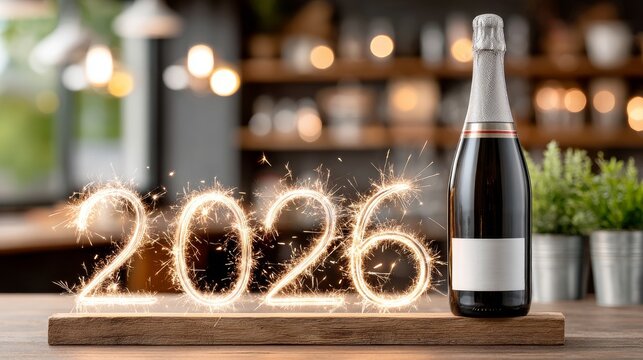 N&uacute;meros dorados brillantes 2026 y botella de champ&aacute;n en una celebraci&oacute;n