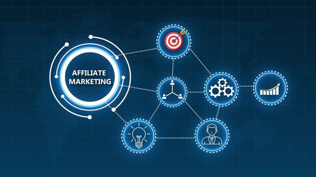 Affiliate Marketing Business Strategy Concept with Global Network and Icons Keywords: affiliate marketing, business strategy, global network, world map, connection, communication, growth, target