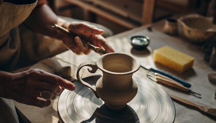 Skilled hands meticulously shape a unique clay vessel on a pottery wheel, bathed in warm light.