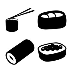 Sushi icons set: maki, nigiri, gunkan with roe and chopsticks