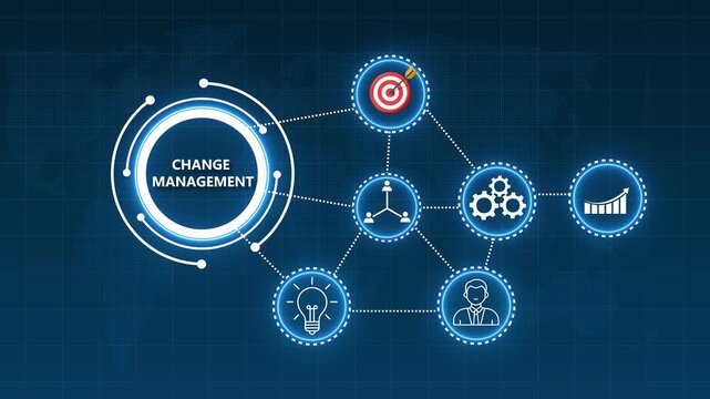 Change Management Process Diagram with Icons and World Map Background transformation strategy