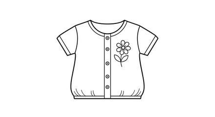 Simple black and white line drawing of a baby shirt with buttons down the front and a small flower design on the chest of the garment.