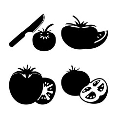Tomato and knife vector silhouettes: whole, half, sliced icons.