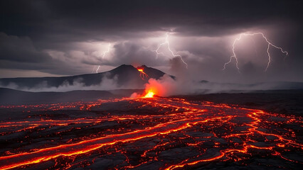 Volcanic eruption with lava flows and lightning in a dark stormy sky at night