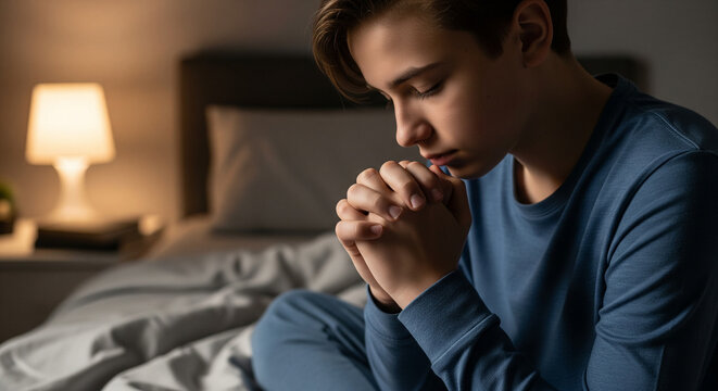 photo of teenage boy praying before bed.