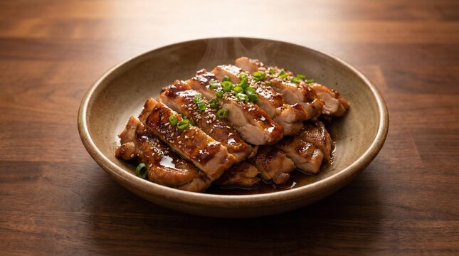 Teriyaki chicken thigh slices served steaming in a ceramic bowl