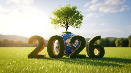 Green 2026 with earth and tree sustainable future concept