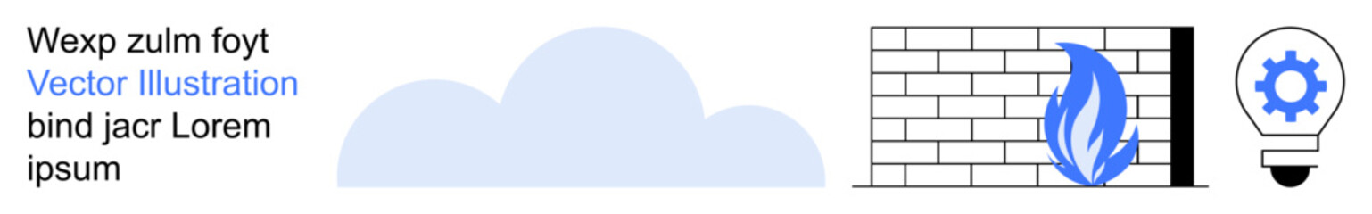 Technology, cloud storage, cybersecurity, data protection, innovation, tech solutions. A cloud, firewall with flames and a gear-lightbulb icon. Cloud storage and cybersecurity theme