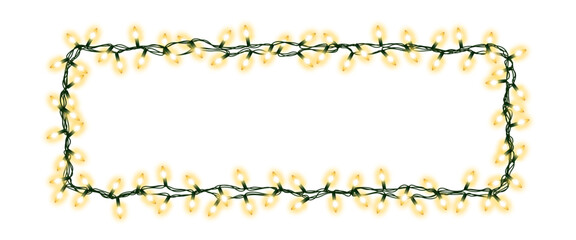 Christmas and New Year garland. Glowing vector light bulbs isolated on transparent background for holiday decoration banner, poster, greeting card.