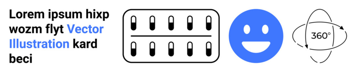 Healthcare, emotions, technology, pharmaceuticals, happiness, digital tools. Capsule packaging, smiling face and 360-degree icon. Healthcare and emotions in a creative visual