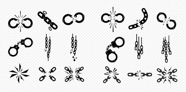 Set of broken chain, handcuffs, and explosion symbols representing freedom and strength.