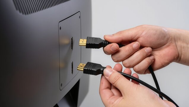 Close-up of hands inserting gold-plated HDMI cables into ports on the back of a TV or monitor, illustrating device setup, multimedia connection, and modern home electronics