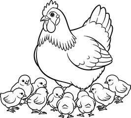 Hen with Chicks Coloring Page for Kids Farm Animals