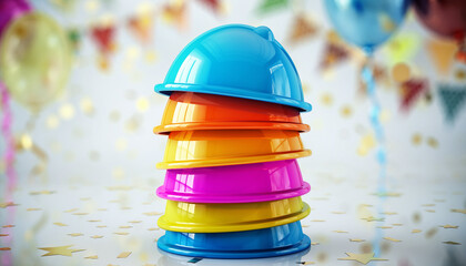 A vibrant stack of multicolored hard hats amidst festive balloons, confetti, and bokeh, embodying successful project completion, teamwork, and celebratory milestones.