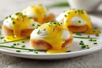 Four eggs Benedict with rich yellow hollandaise and chives on a white plate