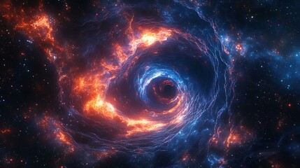 A swirling cosmic vortex where fiery red nebula meets cool blue stardust in deep space