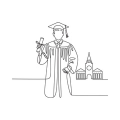 Continuous line art of a graduate holding a diploma in front of a university