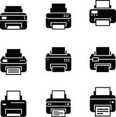 Assortment of Printer Icons in Black Silhouette office equipment