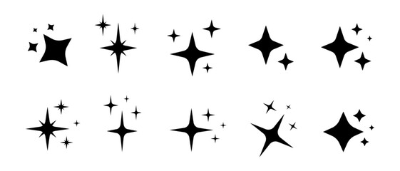 sparkle star icon set in flat vector style. Minimal shining elements isolated on transparent background, ideal for decoration, UI design, rating, and graphic projects.