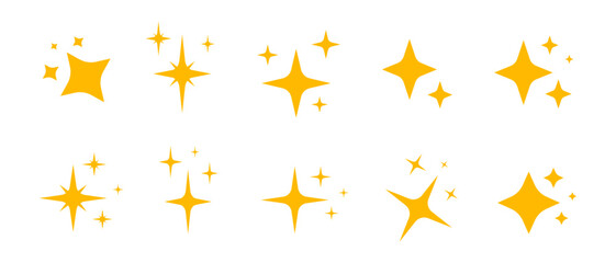 Gold sparkle star icon set in flat vector style. Shiny glowing elements isolated on transparent background, perfect for rating, awards, decoration, UI, and graphic design.