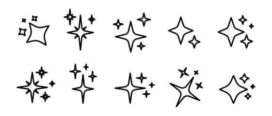 outline sparkle star icon set in flat vector style. Clean decorative elements isolated on transparent background, perfect for decoration, rating, UI, and graphic projects.