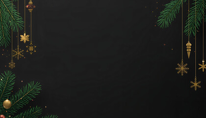 Minimalist Festive Black Background with Gold Snowflakes and Ornaments &mdash; Promotional Banner