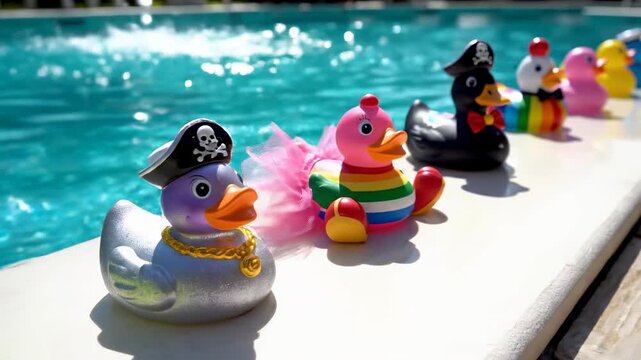 Assortment of decorative rubber ducks featuring different vibrant colors and playful accessories lined up neatly on the clean white edge of a swimming pool unique, colorful, retail