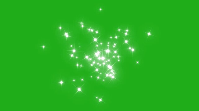 Shining glittering white stars, animated sparkle glitter burst on green screen. seamless looped festive shining, shiny stars explosion glitter and particles falling and light flare animation. 4k video