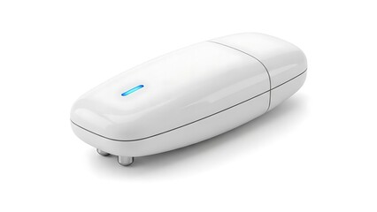 Small white electronic device with a glowing blue indicator light rests on a clean white background suggesting modern wireless connectivity or smart home technology