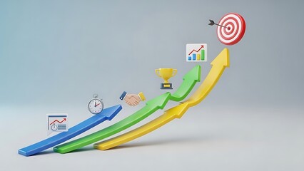 Three colorful upward trending arrows illustrate business growth strategy milestones including time management partnership achievement and ultimate target success