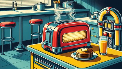 Vibrant retro kitchen scene featuring a steaming red toaster, golden pancakes, and orange juice. This nostalgic pop art illustration evokes classic diner charm and delicious comfort breakfast.