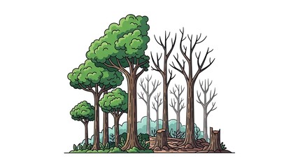 Fototapeta premium Deforestation Impact: Vibrant Green Forest Contrasted with Barren Land, Dead Trees, and Stumps, Illustrating Environmental Destruction