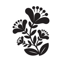 Black and white folk art inspired floral silhouette design with stylized flowers and leaves