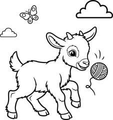 Playful Baby Goat with Yarn Ball in Nature Scene