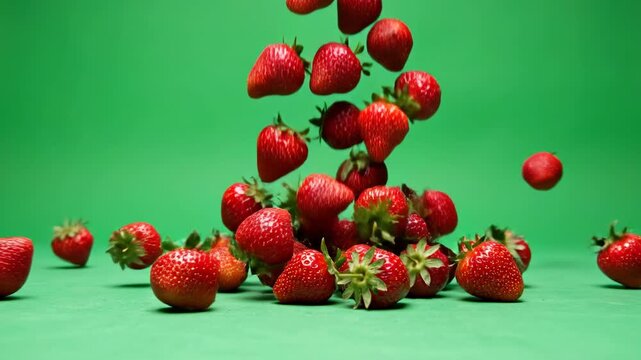 Assortment of ripe red strawberries falling and bouncing in seamless slow motion onto a flat isolated utility green screen surface for commercial compositing high speed, fruit, clean