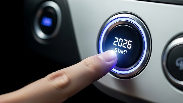 Finger pressing 2026 start button on car dashboard