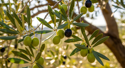Close-up of black and green olives hanging on a tree branch bathed in soft golden sunlight. Ideal for olive oil labels, Mediterranean food, and agriculture.