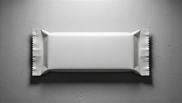 Blank white chocolate bar wrapper mockup on gray background.