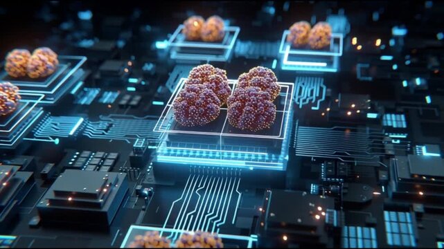 Organoid intelligence. OI. Biocomputing. Synthetic biology. Biological computation. Bioengineered tissue. 3D rendering of bioengineered tissue on a digital circuit board.