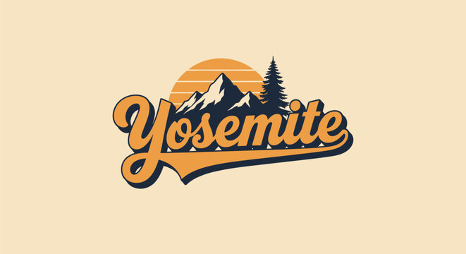 Vintage Yosemite logo design featuring mountains, a sun, and a pine tree, with stylized typography and warm colors, evoking a sense of nature and travel.