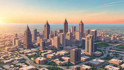 Obraz premium Modern cityscape at sunrise urban skyline with skyscrapers and highways concept for business and development aerial view
