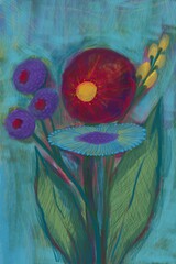 Stylized floral poster in bright turquoise and red, hand-drawn pastel texture