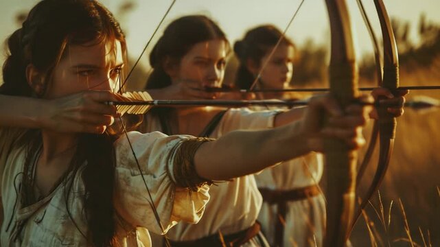 Video A woman holds a bow and arrow in an open field, ready to hunt or defend