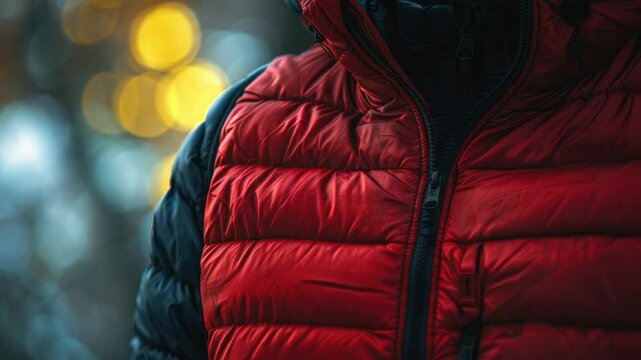 Video A person wearing a distinctive red and black jacket