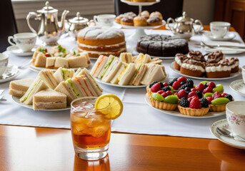 Elegant Afternoon Tea Table with Assorted Treats and Beverages