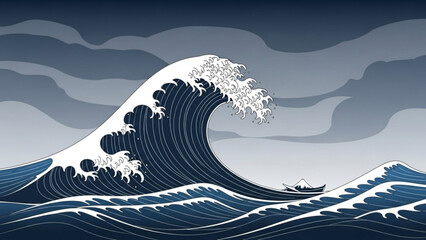 Giant crashing ocean wave with a small boat Japanese ukiyo-e style illustration concept of natures power and adventure