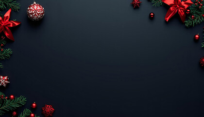 Black Christmas Background with Red Ornaments and Pine &mdash; Elegant Frame with Space for Text